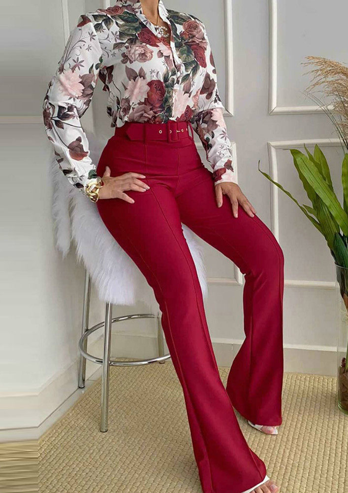 RED PRINTED SHIRT & TWILL TROUSER SET