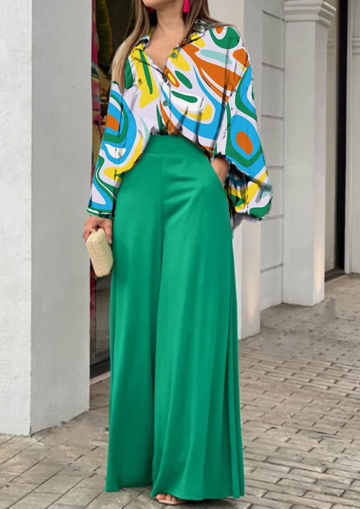 PRINTED GREEN BLOUSE & WIDE TROUSER SET