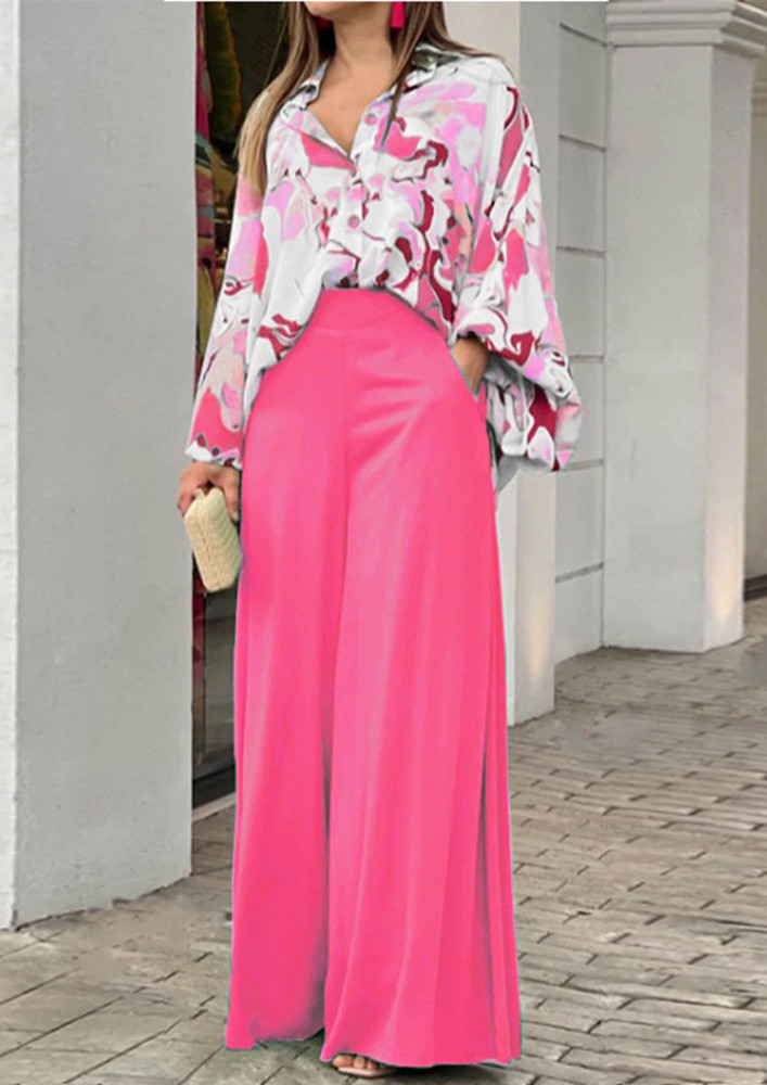 PRINTED PINK BLOUSE & WIDE TROUSER SET