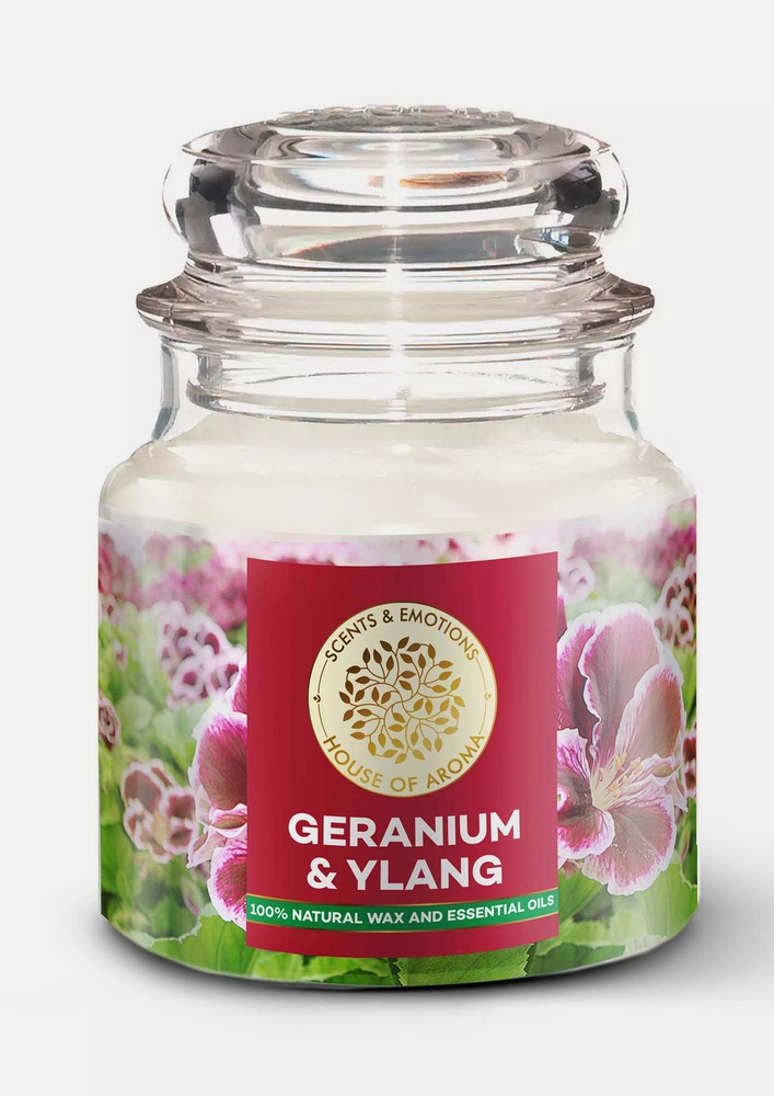 House Of Aroma Geranium & Ylang Scented Candle For Aromatherapy, Made With 100% Natural Wax And Essential Oils-100 Gms
