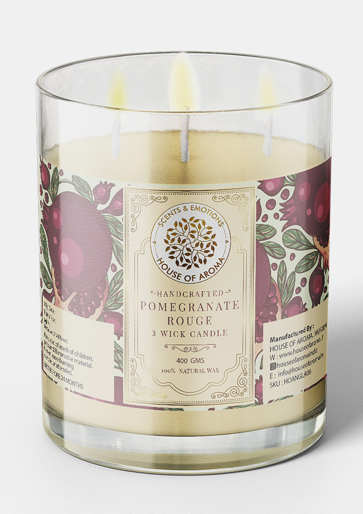 House Of Aroma Natural Wax Pomegranate Rouge Candle 3 Wicks-400 Gms