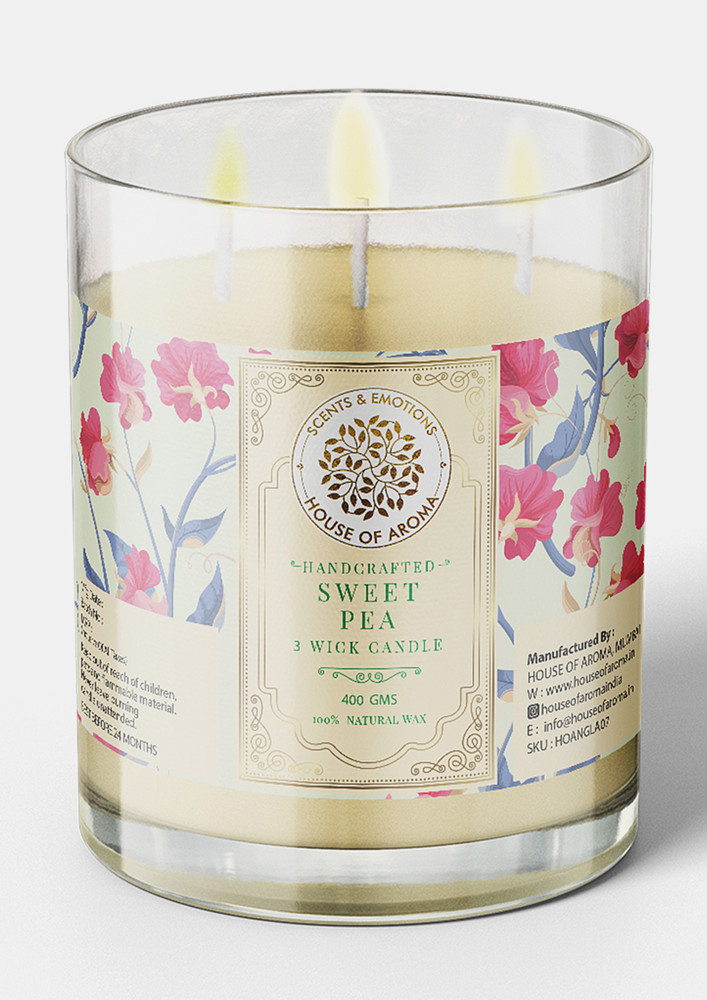 House Of Aroma Natural Wax Sweet Pea Candle 3 Wicks-400 Gms