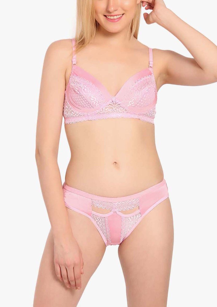 Escaping Reality Pink Non Wired Non Padded Bra And Bikini Bottom Set