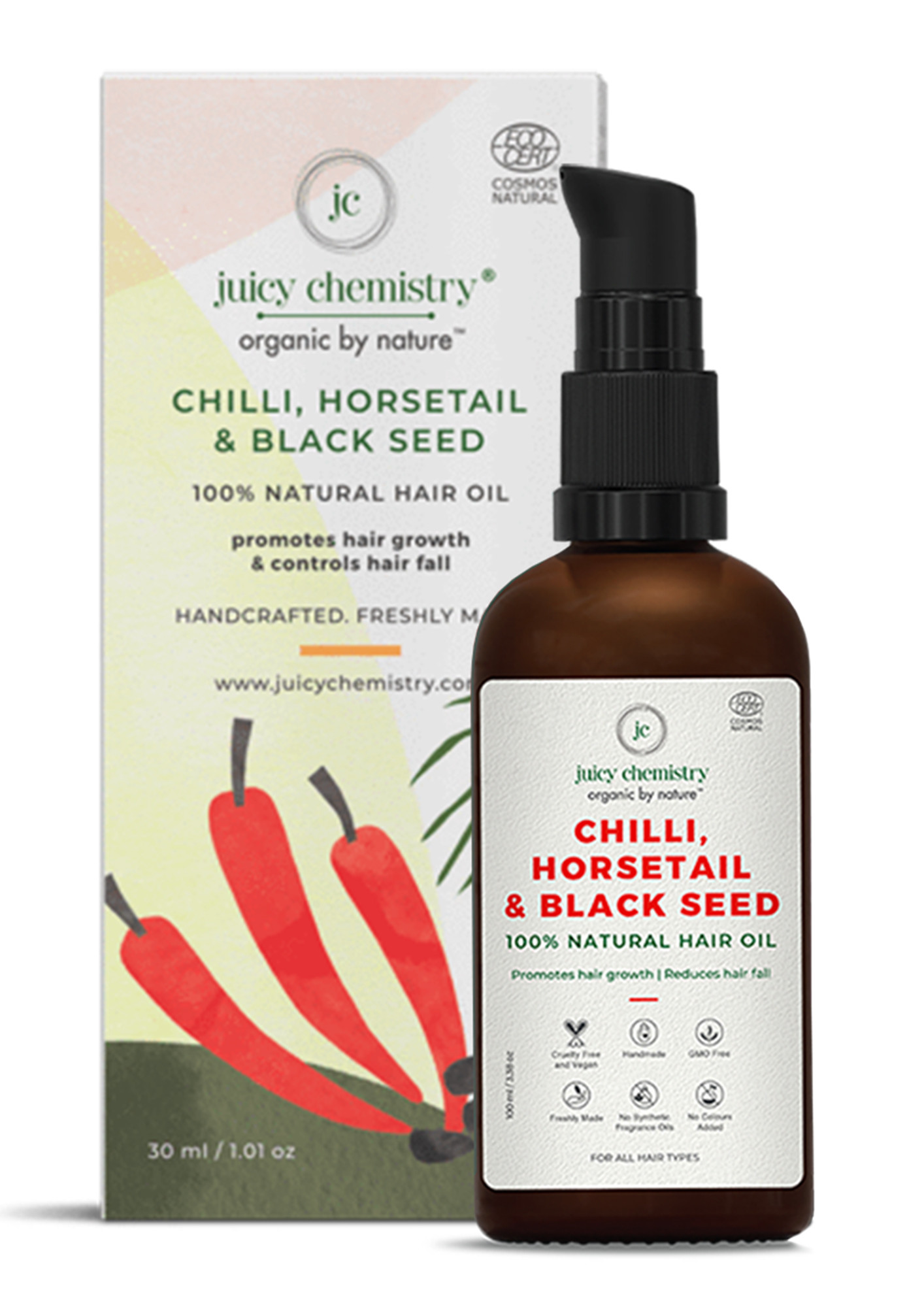 Juicy Chemistry Chilly, Horsetail & Black Seed  Organic Hair Serum -Promotes Hair Growth & Controls Hair Fall -30ml/1.01oz
