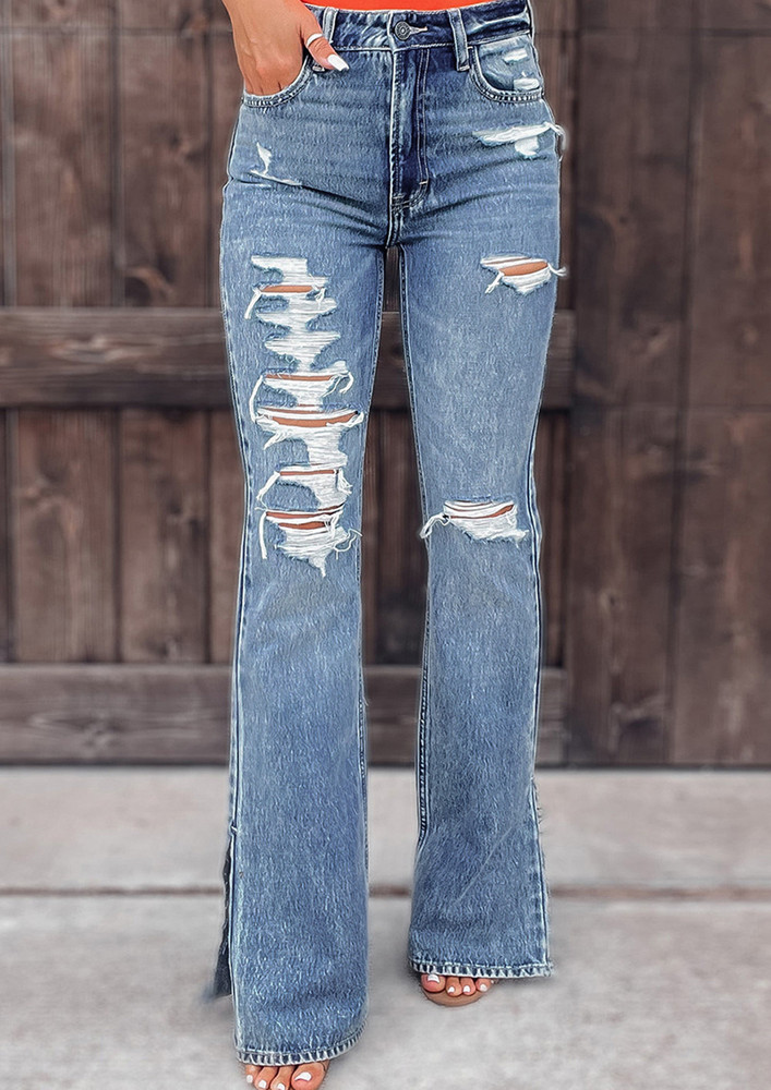 CLASSICAL-DISTRESSED-SLIT-SIDES FLARED JEANS