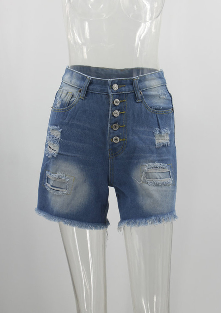 WASHED & RIPPED BUTTONED DENIM SHORTS