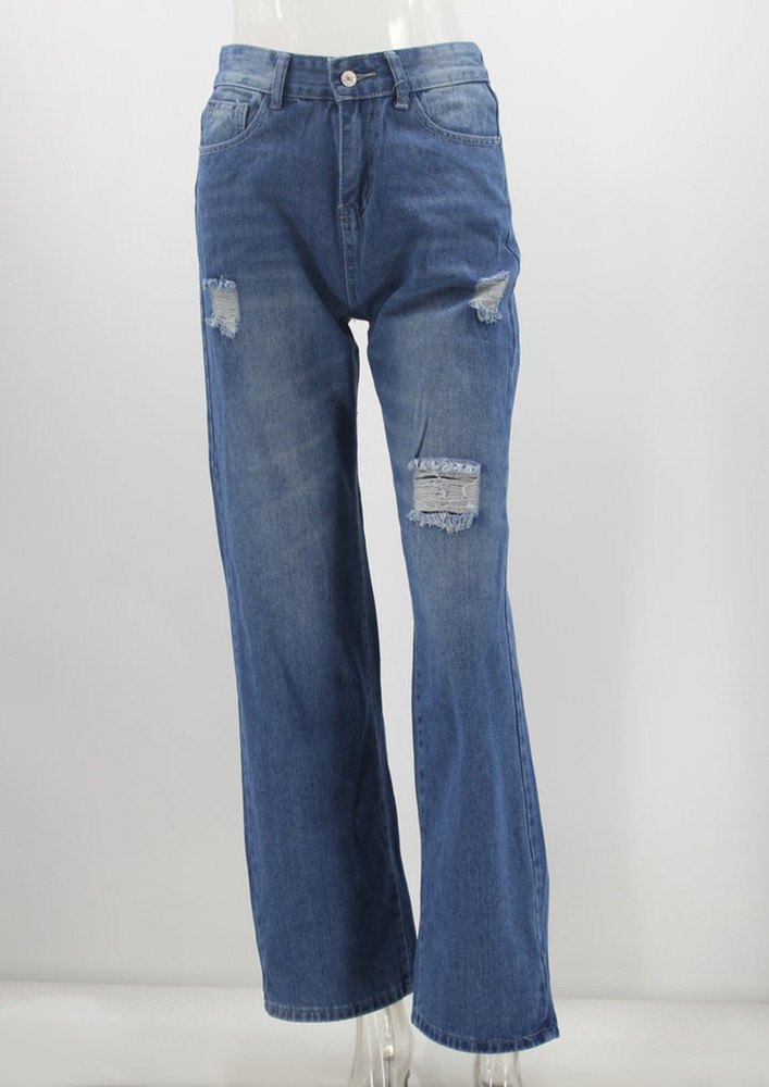 BLUE MID-RSIE RIPPED WIDE LEG JEANS