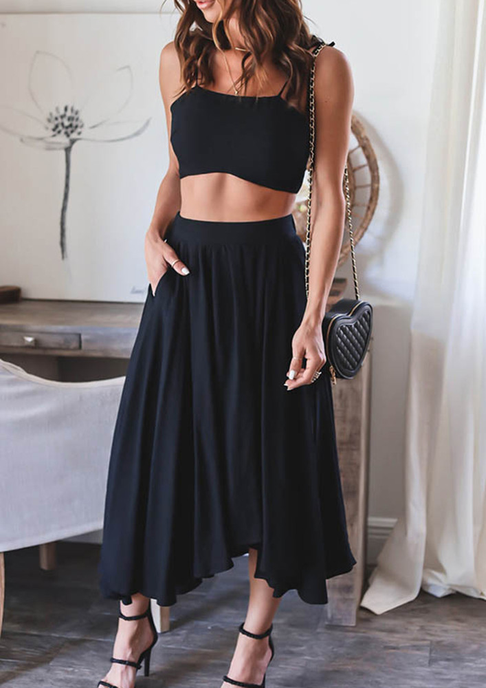 BLACK CASUAL TWO PIECE TOP-SKIRT SET