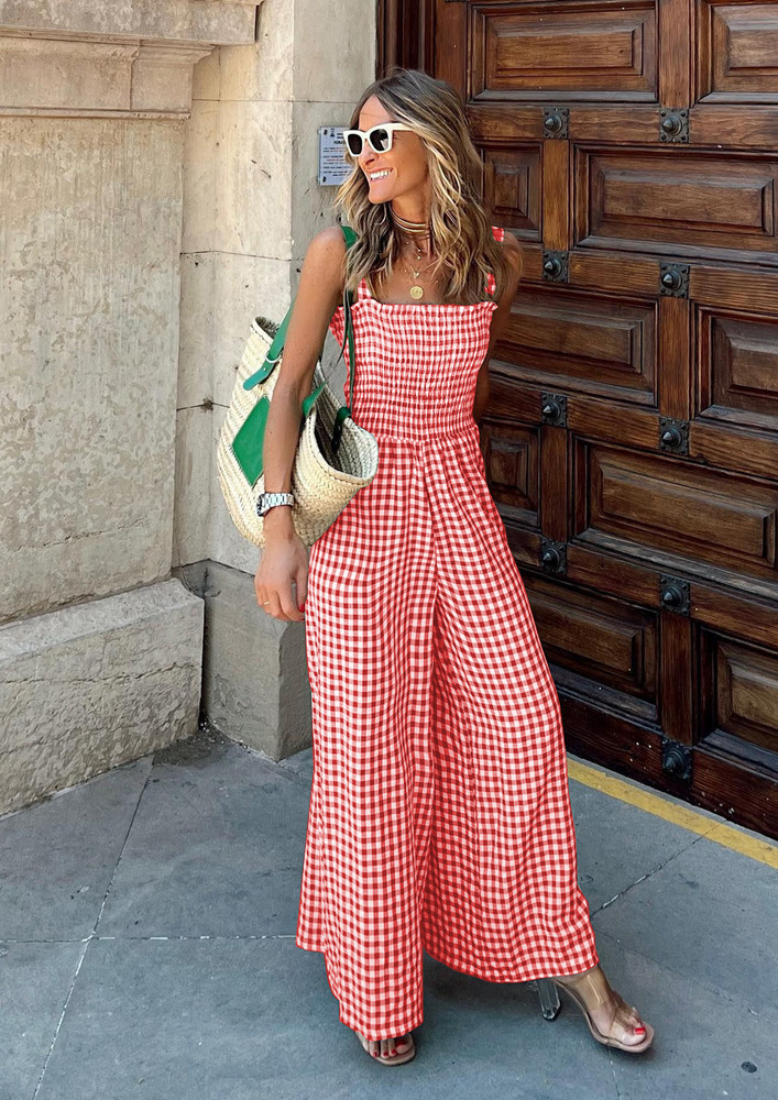 CUTE SUMMER CHECKERED RED-WHITE JUMPSUIT