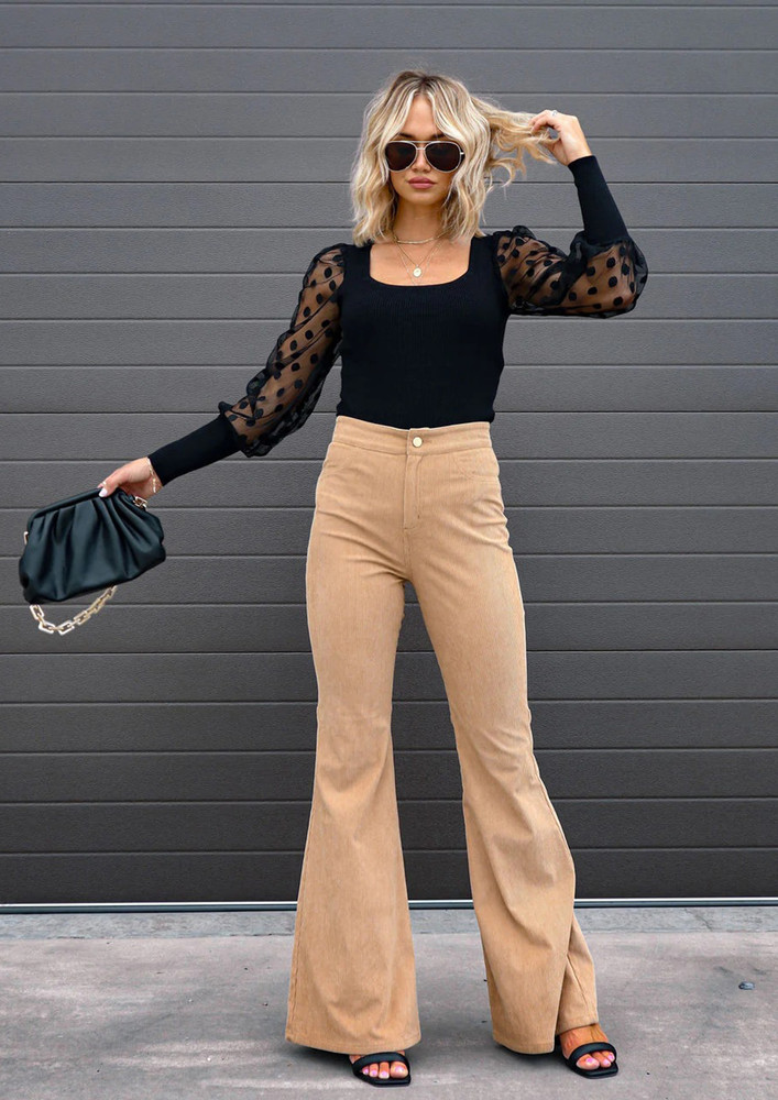 Solid Beige High-rise Flared Trouser