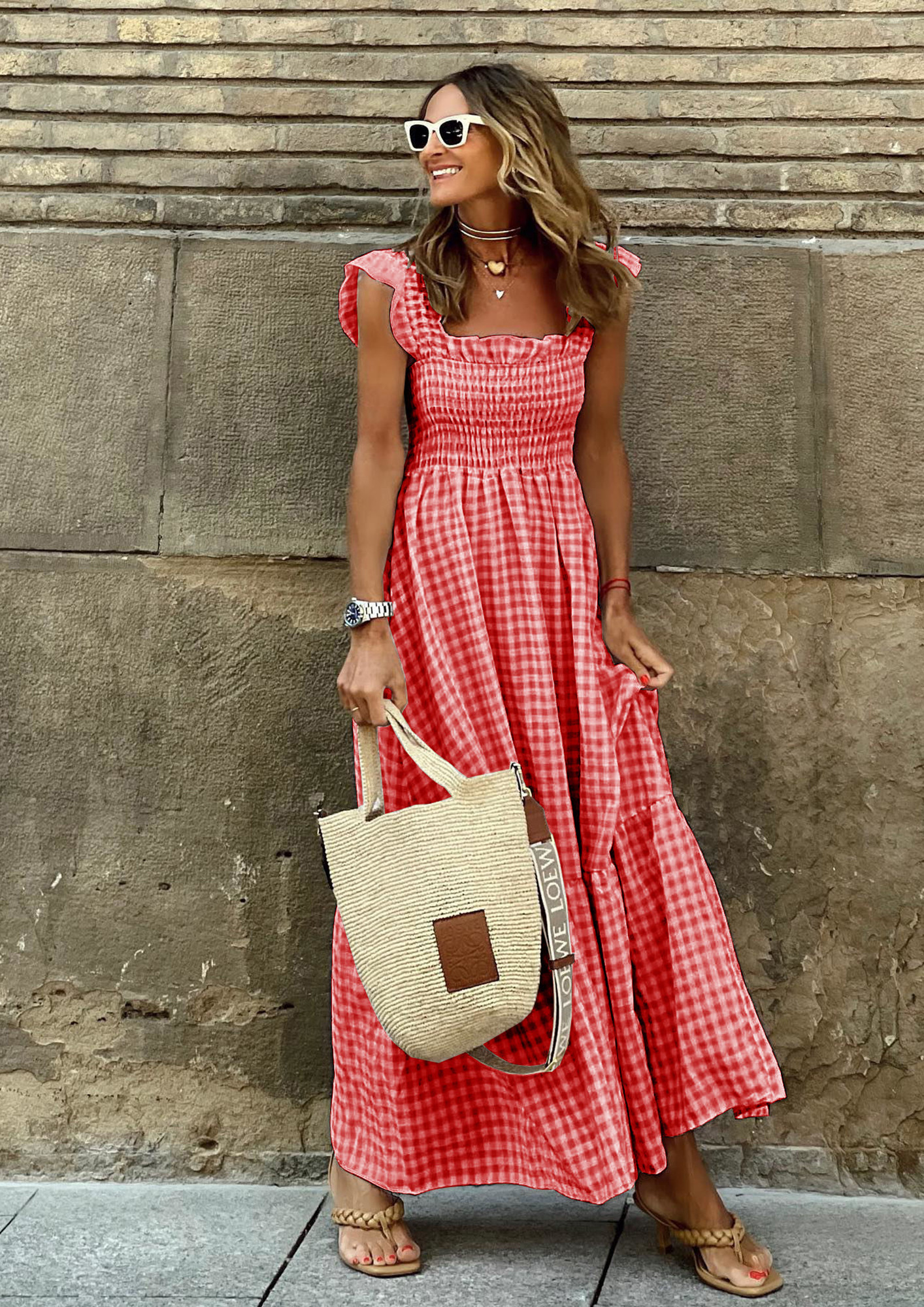 FRILLS-PLEASE CHECKERED RED MAXI DRESS