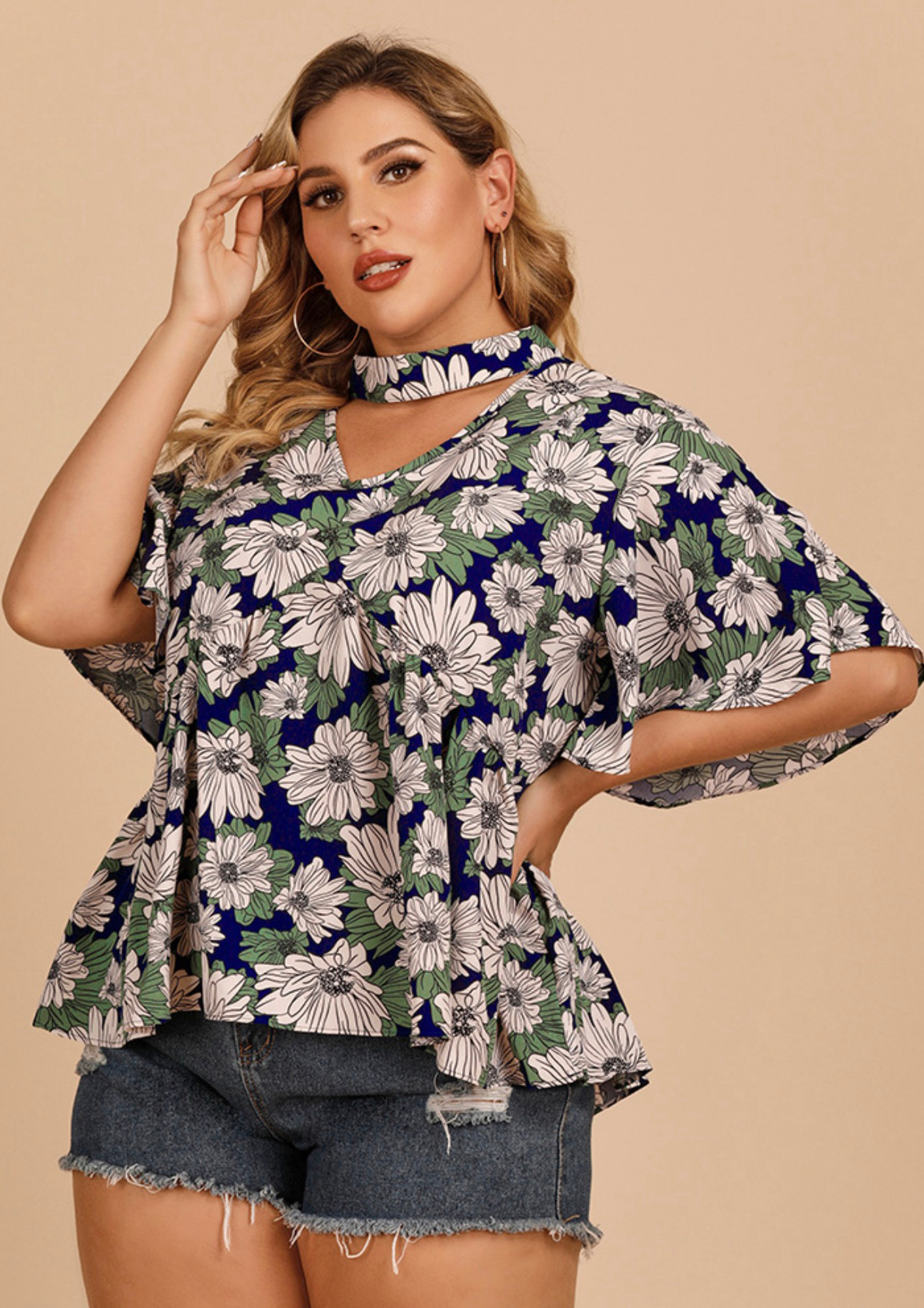 Buy PLUS SIZE PRINTED CHOKER-V NECK BLOUSE for Women Online in India