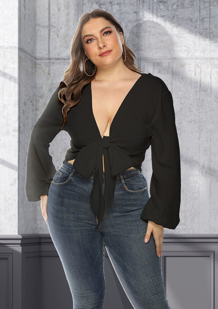 PUFF-SLEEVE BLACK FRONT-TIE BLOUSE