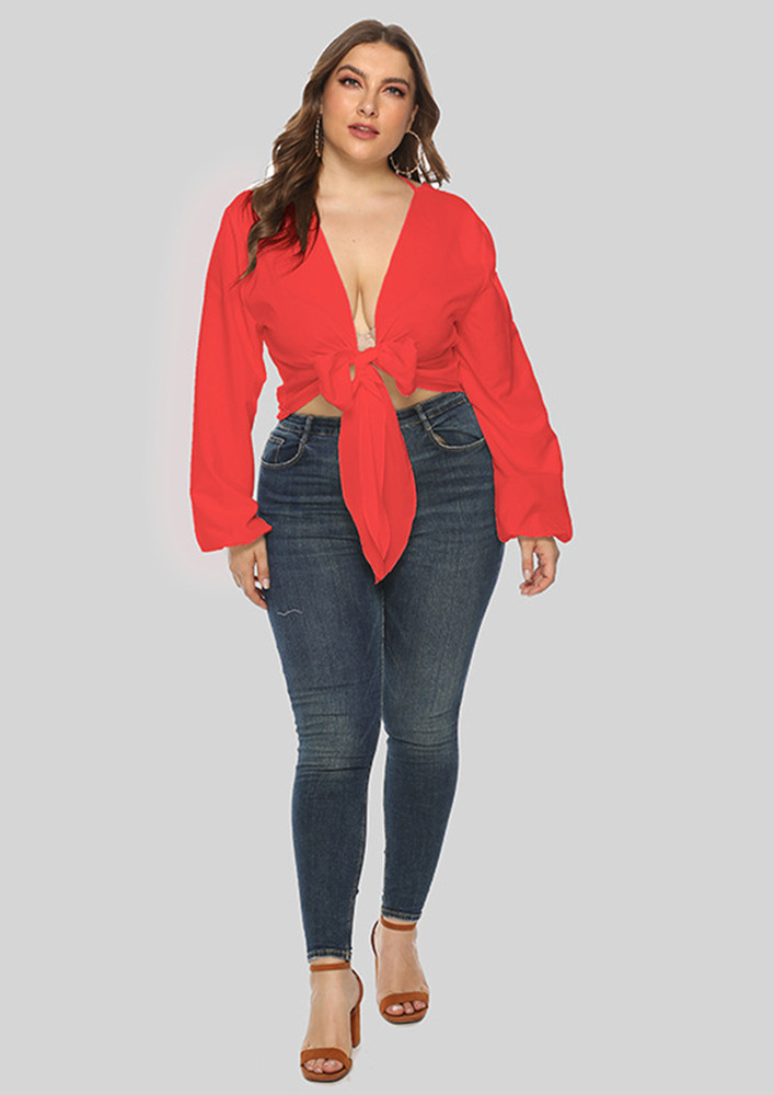PUFF-SLEEVE RED FRONT-TIE BLOUSE
