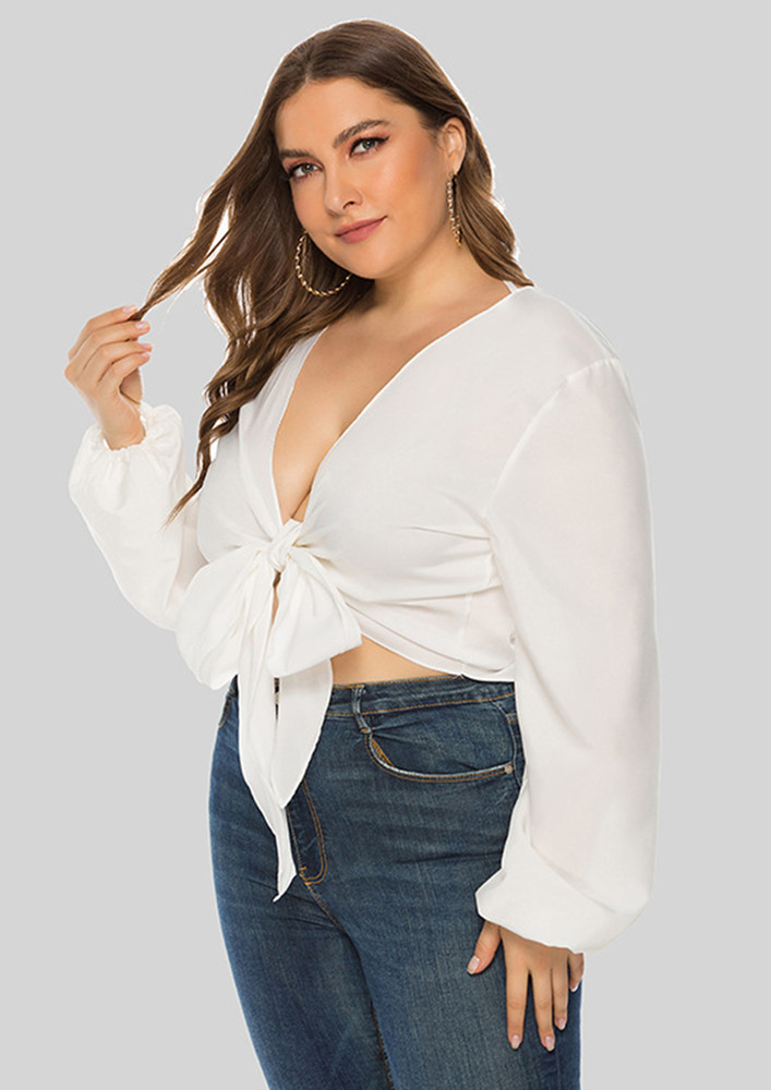 PUFF-SLEEVE WHITE FRONT-TIE BLOUSE