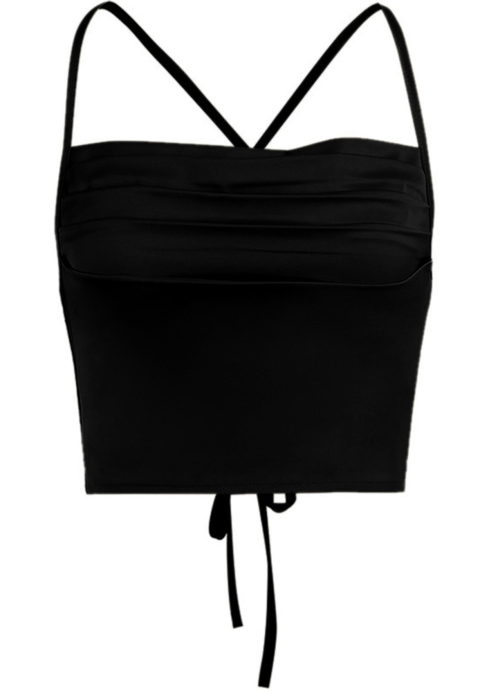 Under Posession Of Black Cowl Neck, Sleeveless,ruched, Smock Back And Lace Tie Detail Crop Top