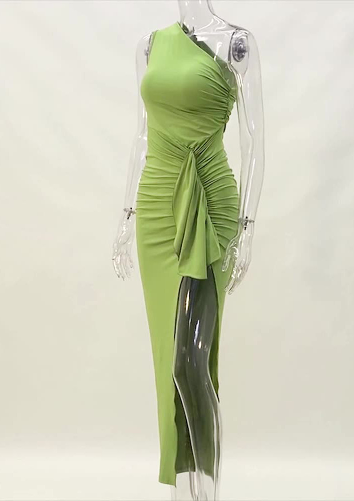 All Over Ruched With A Side Slit Bodycon Green Asymmetrical Dress