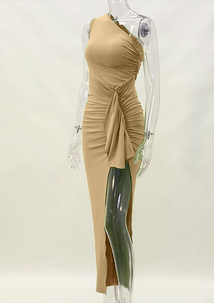 ALL OVER RUCHED WITH A SIDE SLIT BODYCON KHAKI ASYMMETRICAL DRESS