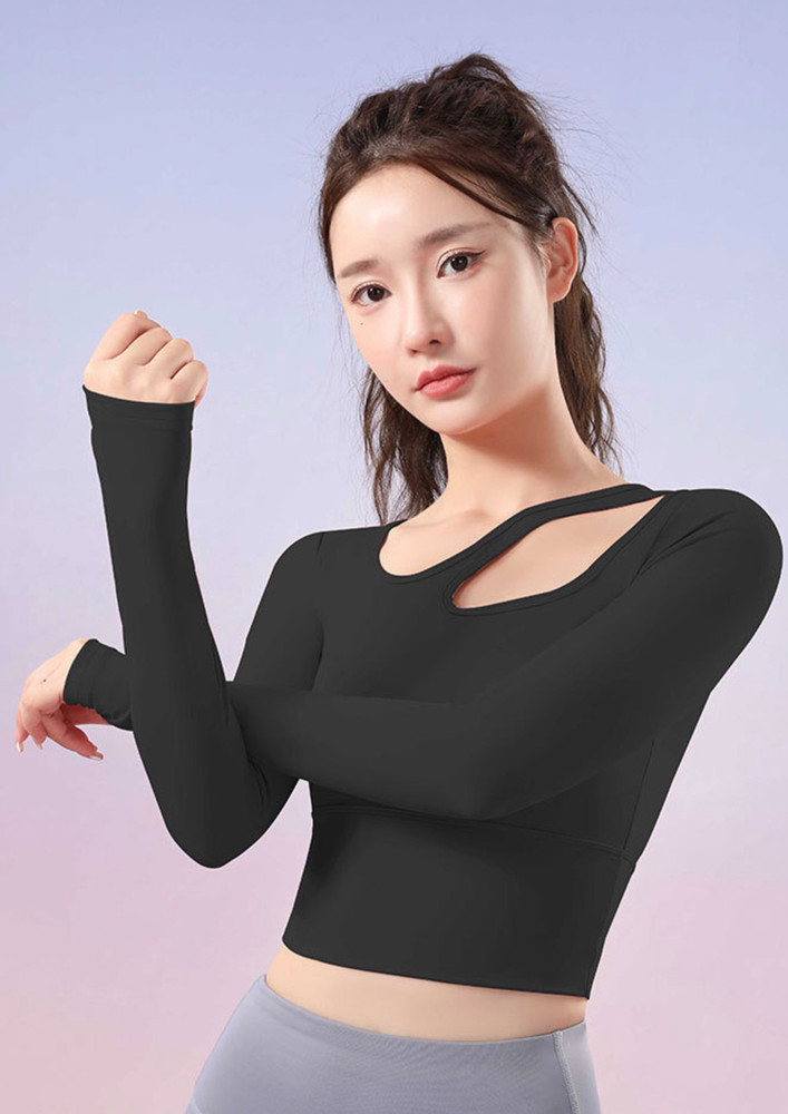 BLACK CUT-OUT NECK FIXED-PADDED SPORTS TOP
