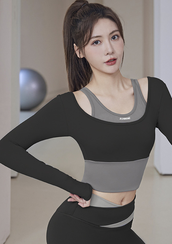 FITTED BLACK FAKE TWO-PIECE SPORTS TOP