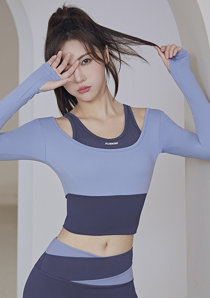 FITTED BLUE FAKE TWO-PIECE SPORTS TOP