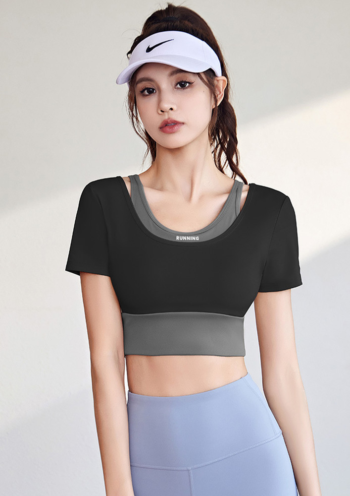 BLACK CROPPED PADDED-BUST SPORTS TOP