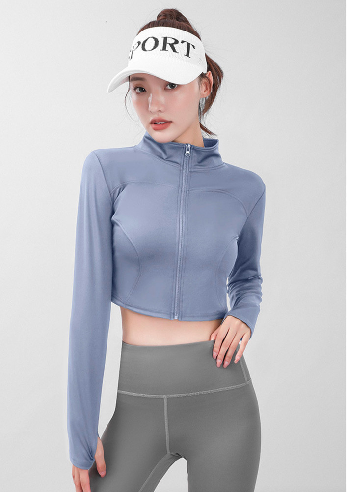 COLLARED BLUE KNIT SEAMLESS CROPPED SPORTS JACKET