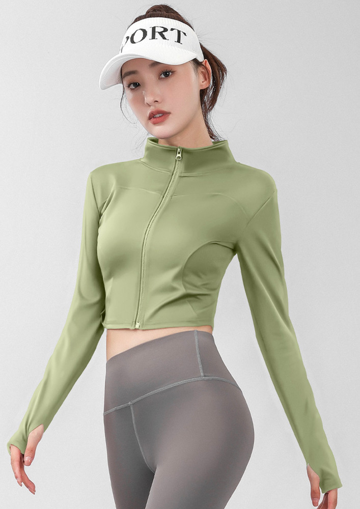 COLLARED GREEN KNIT SEAMLESS CROPPED SPORTS JACKET