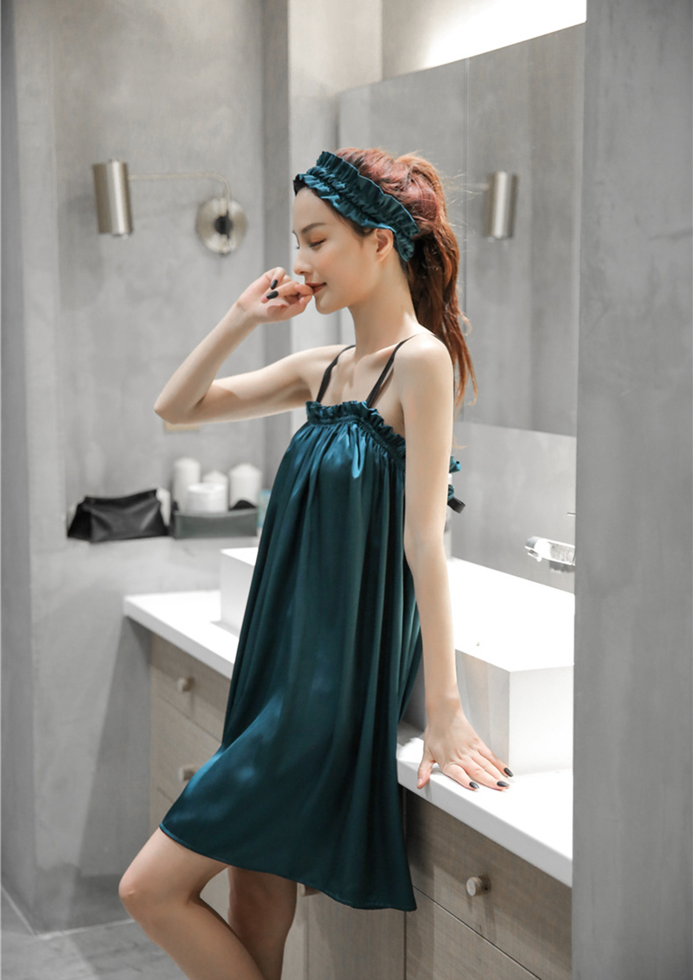 Buy READY FOR THE NIGHT WITH HEADBAND GREEN NIGHT DRESS for Women