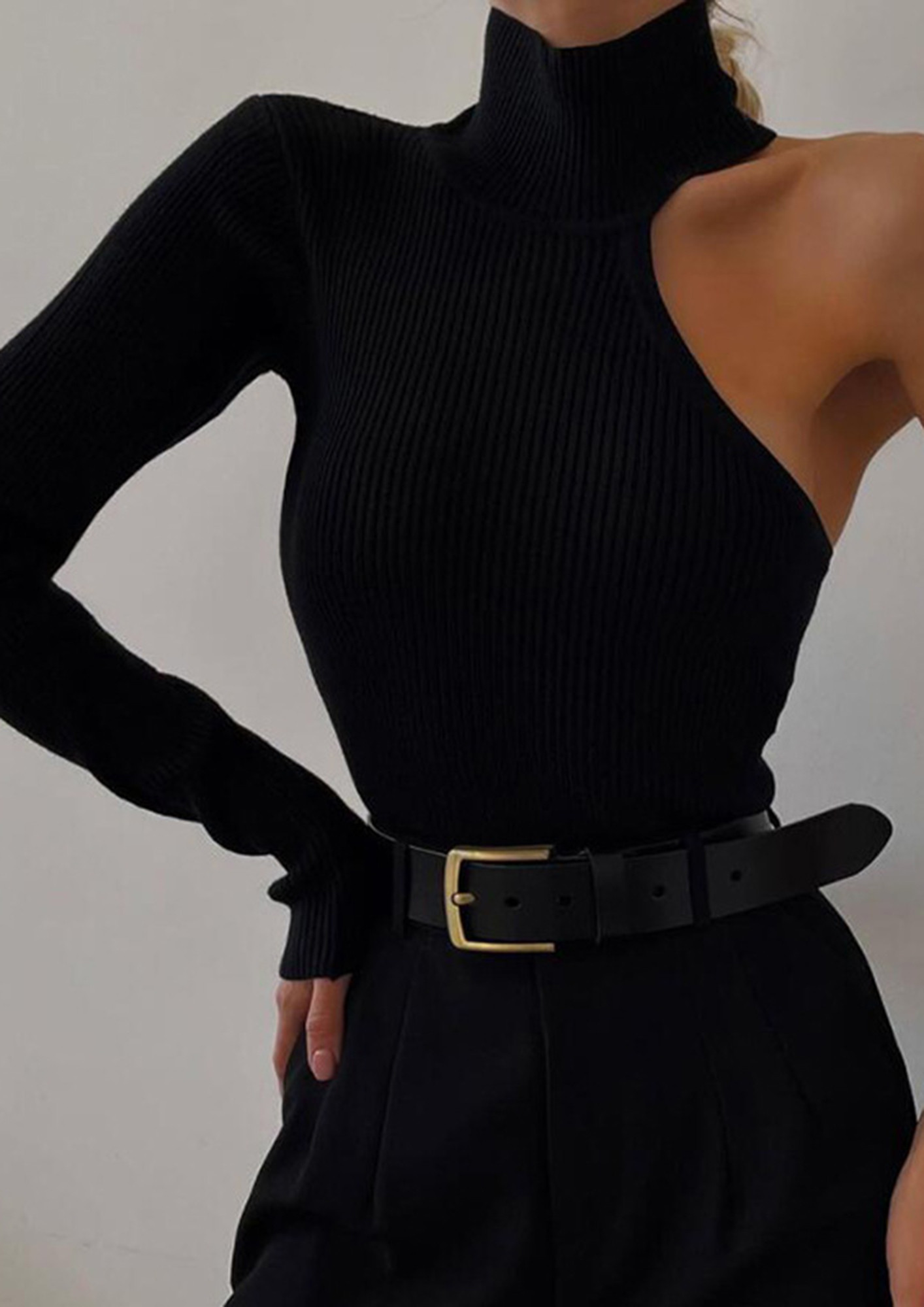 Buy A RIBBED ASYMMETRICAL HIGH-NECK BLACK BODY SUIT for Women