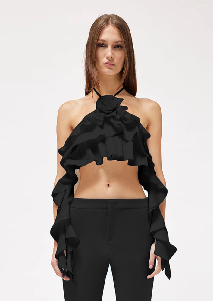 BLACK BACKLESS FRILLY TIE-UP CROP TOP