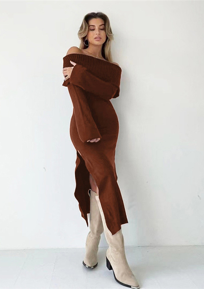 LAYOVER-FRONT RIBBED BROWN MAXI OFF-SHOULDER DRESS