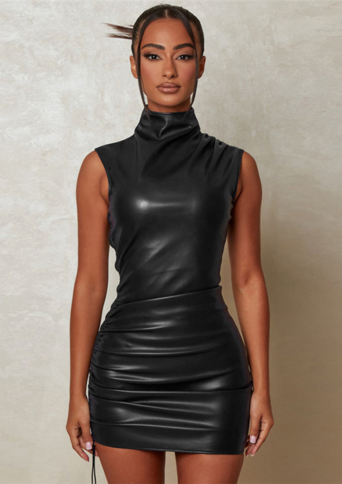 Buy SIDE RUCHED FAUX LEATHER BLACK BODYCON DRESS for Women Online in India
