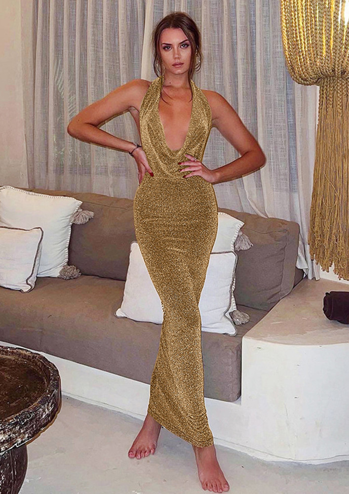 PLUNGING SHIMMERY GOLDEN MAXI DRESS