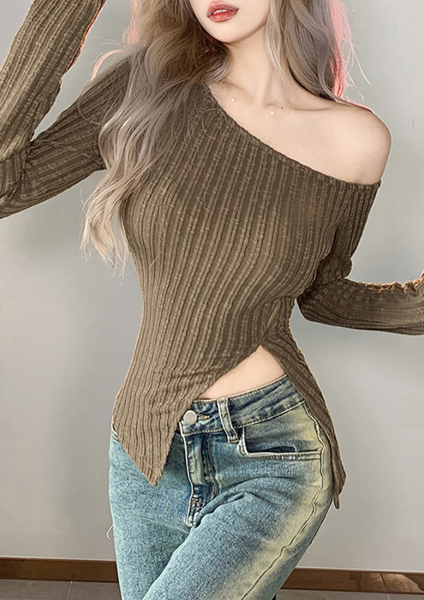Buy FOREVER SEXY KHAKI RIBBED TOP for Women Online in India