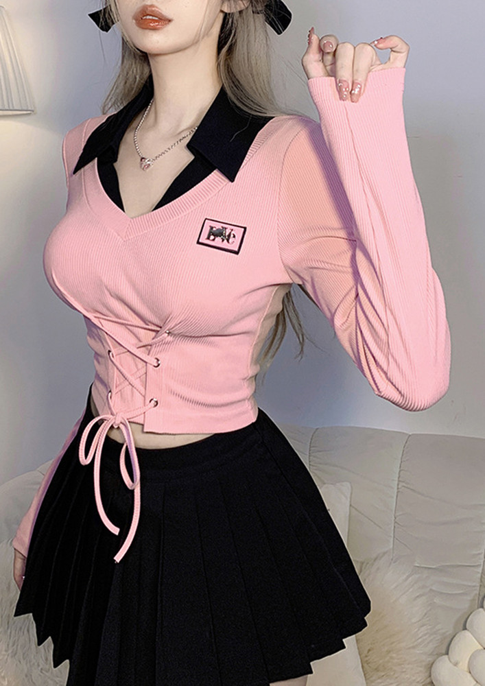 PINK COLLAR NECK RIBBED SOLID FITTED T-SHIRT