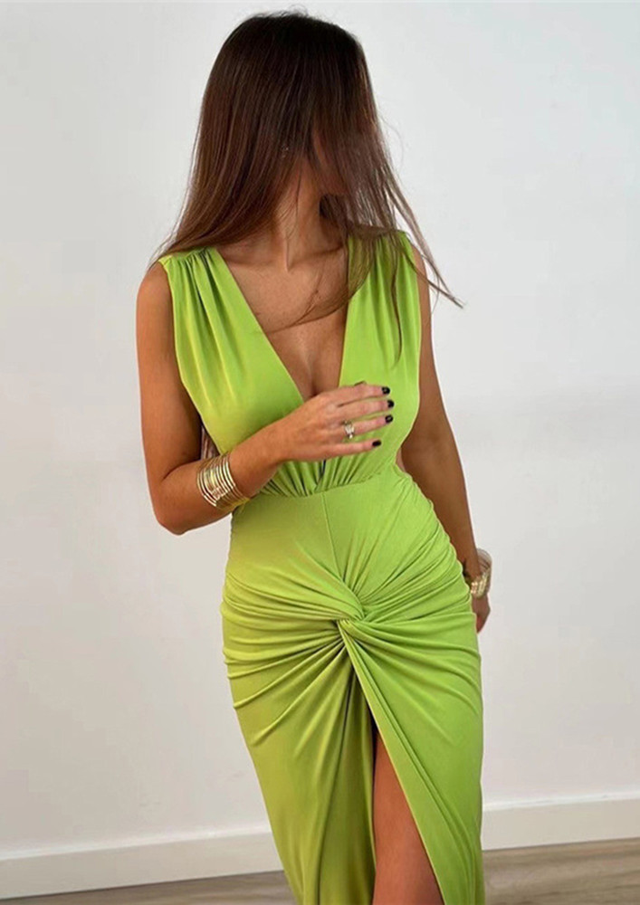 BACKLESS PLUNGING GREEN KNOT MAXI DRESS
