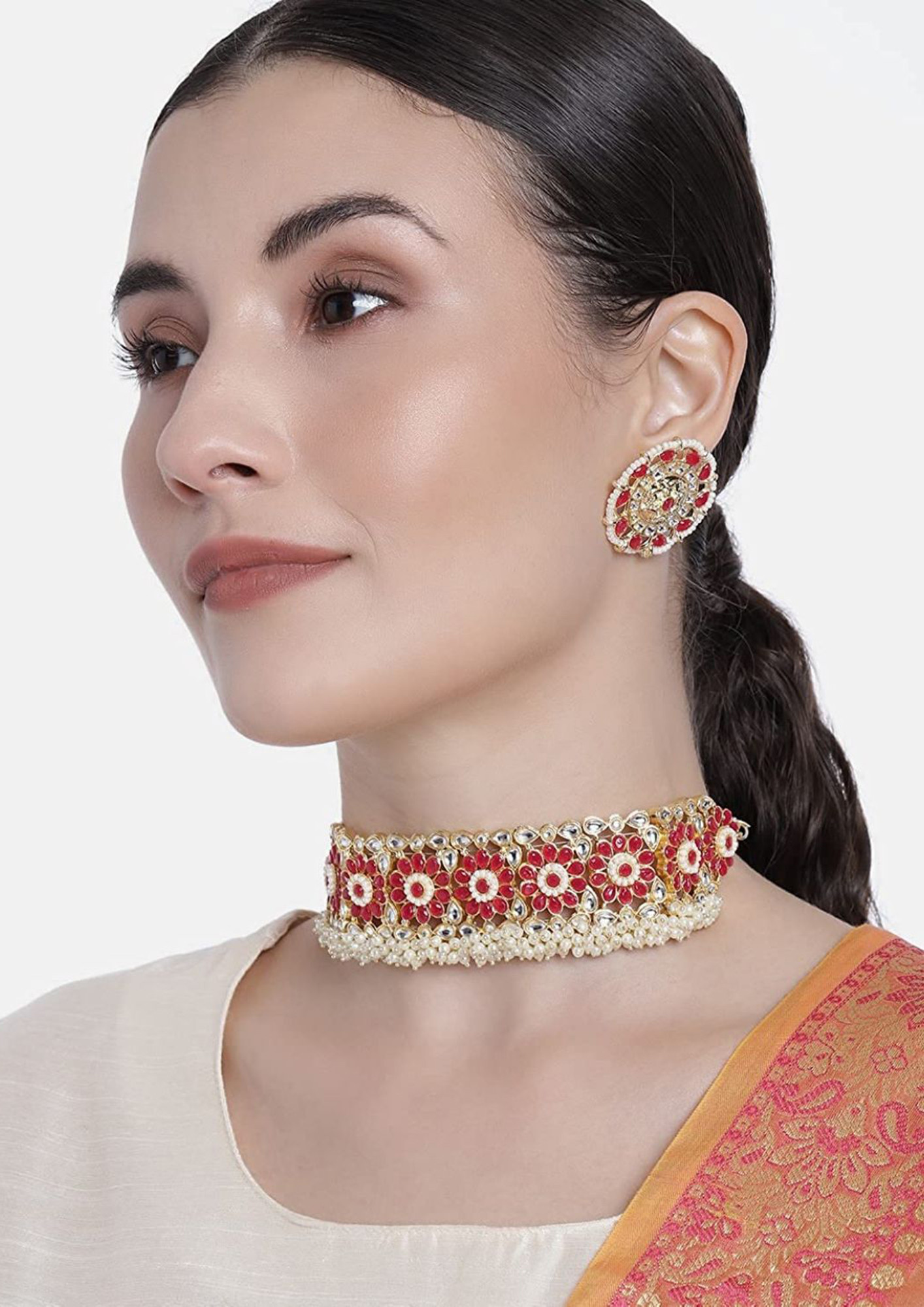 Buy I Jewels 18K Gold Plated Traditional Studded Pearl Choker Necklace Set  For Women/Girls-K7208Q for Women Online in India