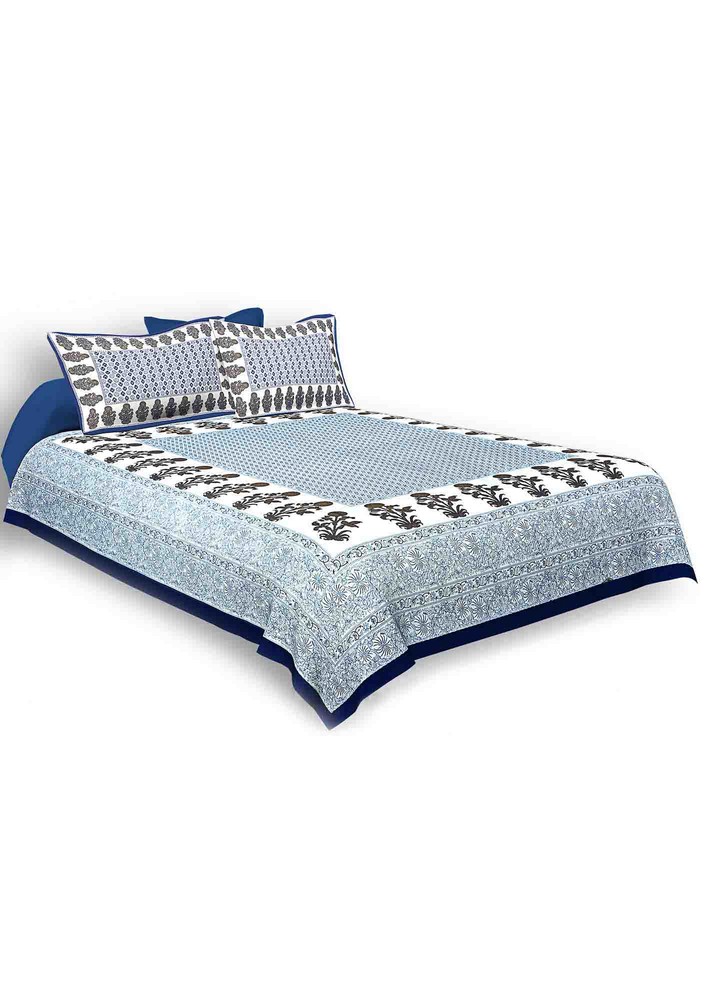 Navy Blue Border Floral Print Cotoon Satin King Size Double Bedsheet