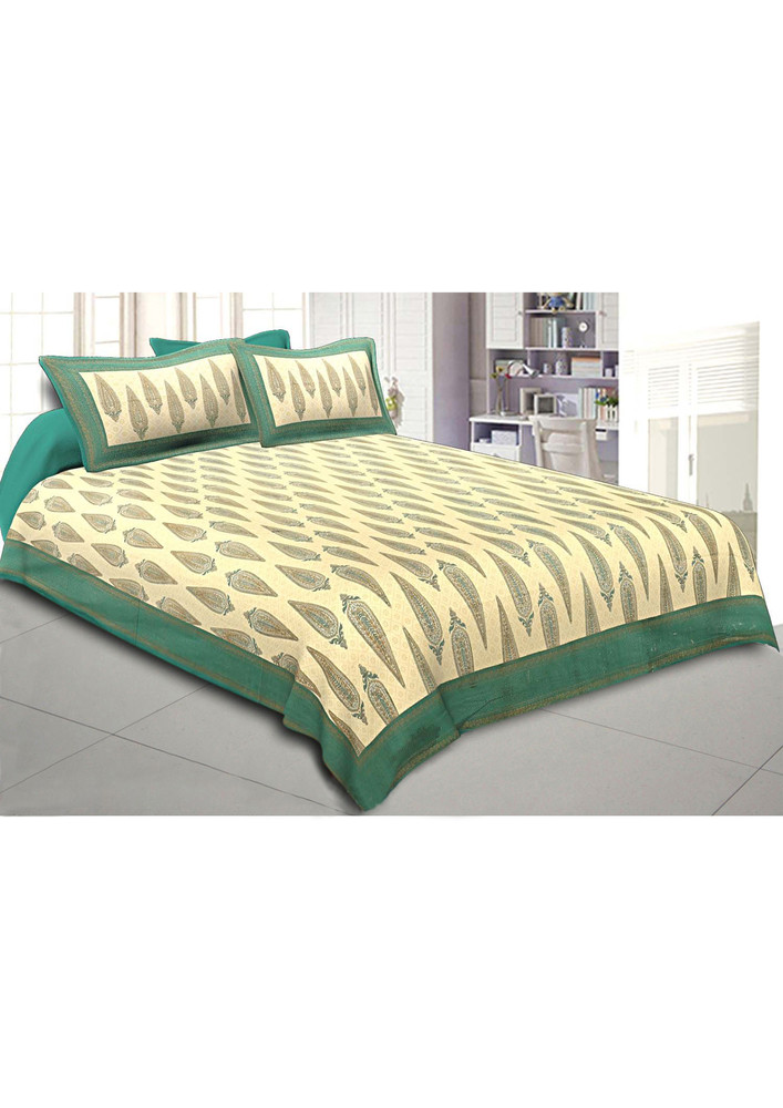 King Size Bedsheet Sea Green Border Golden Paisley Print With Two Pillow Cover