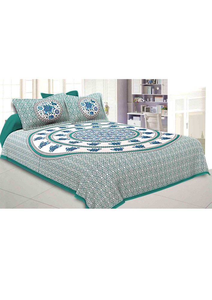 King Size Bedsheet Sea Green Border Circle Elephant Pattern Screen Print With Two Pillow Cover