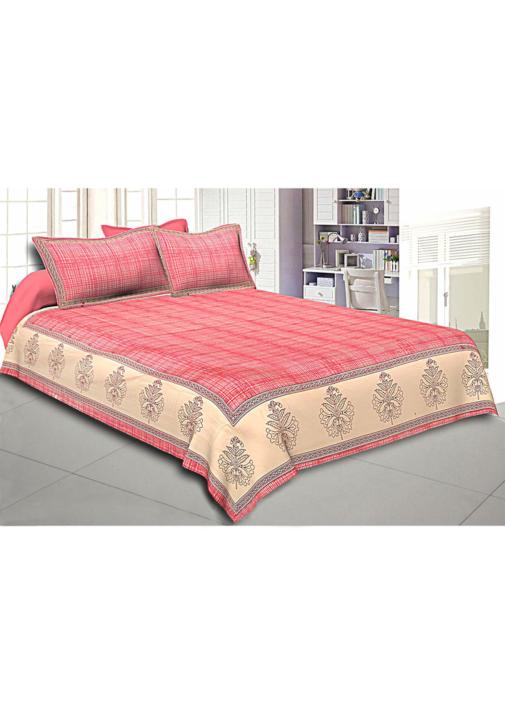 King Size Cotton Premium Satin Double Bed Sheet Pink Border With Cream Base Hand Block Pattern