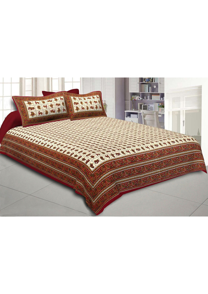 Super King Size Double Bedsheet Maroon Jaipuri Traditional Print With 2 Pillow Covers