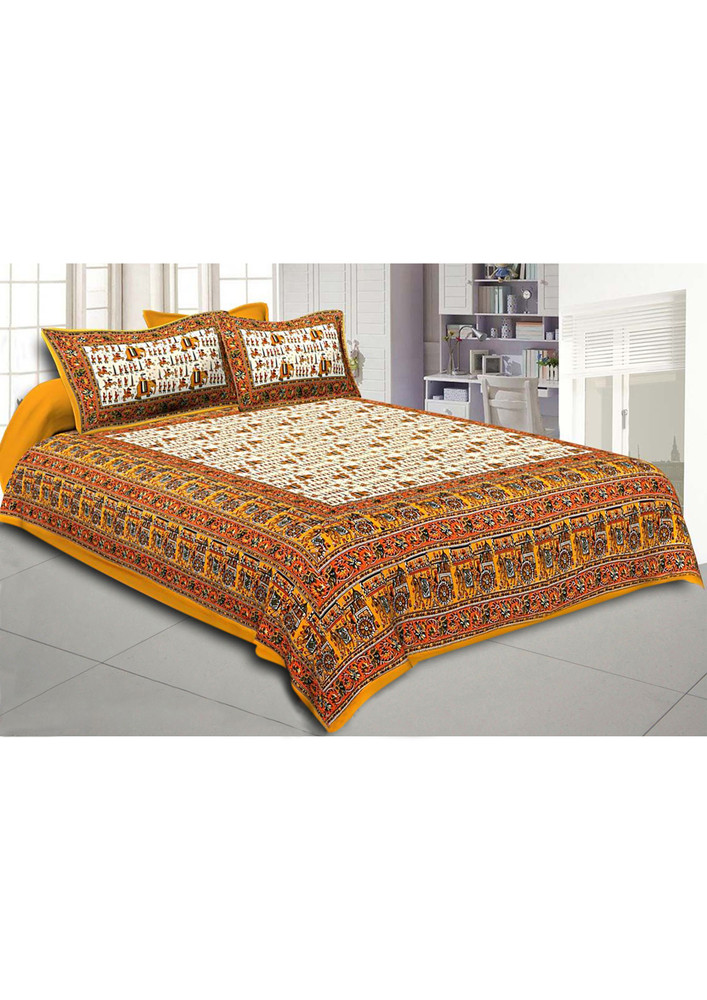 Super King Size Double Bedsheet Yellow Jaipuri Traditional Print With 2 Pillow Covers