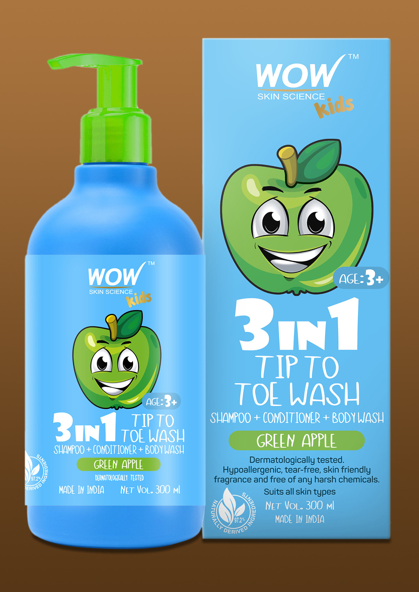 WOW Skin Science Kids 3 in 1 Tip to Toe Wash - Green Apple - 300 mL