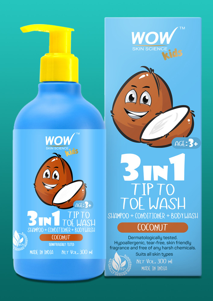WOW Skin Science Kids 3 in 1 Tip to Toe Wash - Coconut - 300 mL
