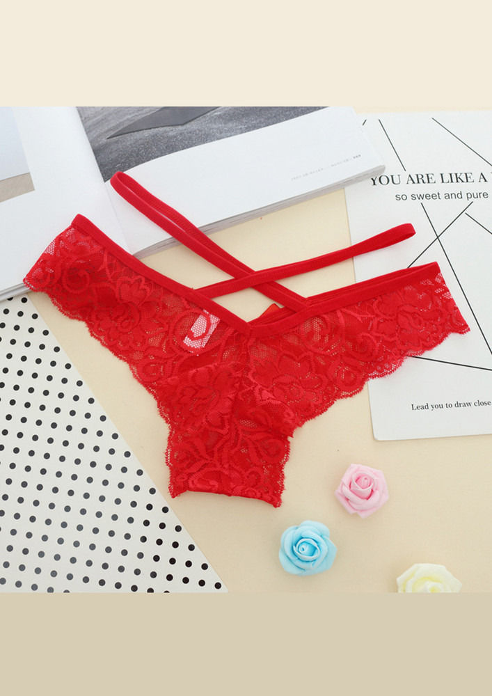 RED CRISS-CROSS LACY THONG BRIEF (FS)