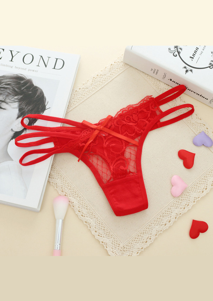RED ASYMMETRICALLY STRAPPY LACE THONG