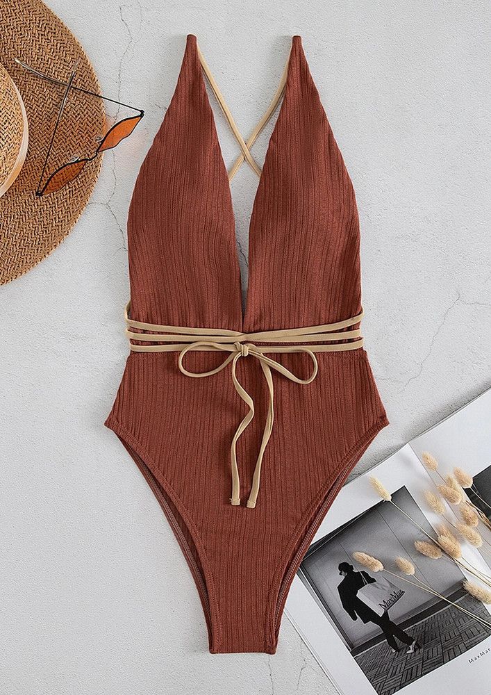 BACKLESS RIBBED TIE-DETAIL BROWN SWIMSUIT