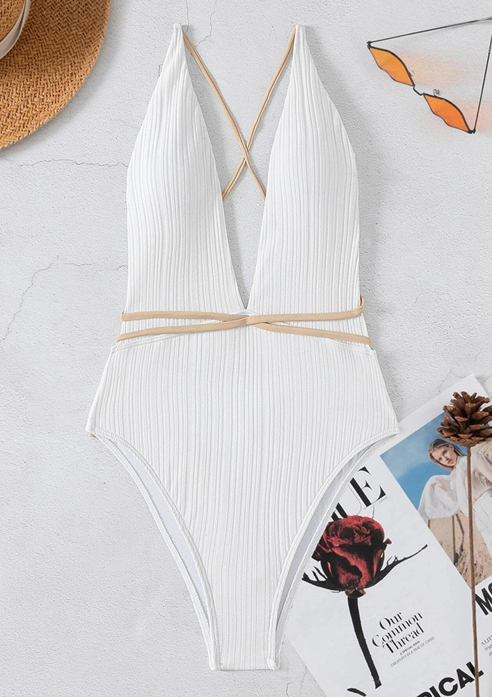 BACKLESS RIBBED TIE-DETAIL WHITE SWIMSUIT